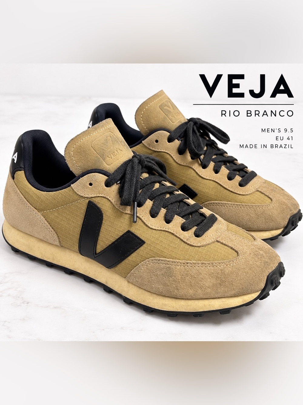 Veja Men's Sneakers in Khaki with Black V Logo